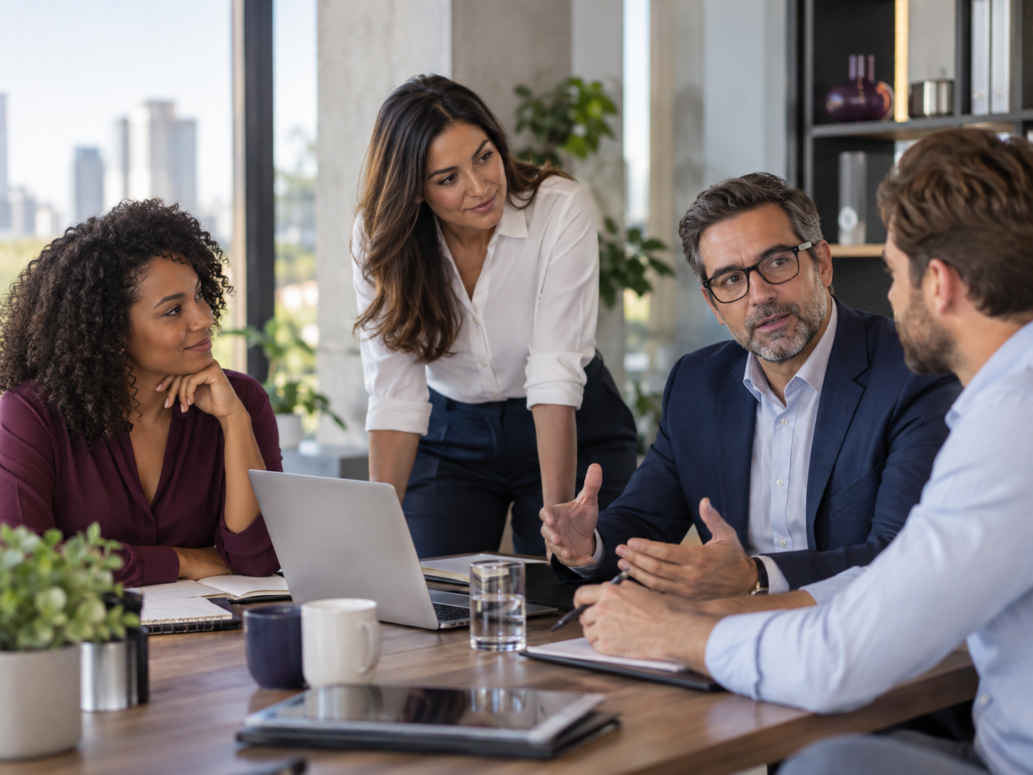 Profissionais em uma conversa de trabalho colaborativa em ambiente corporativo